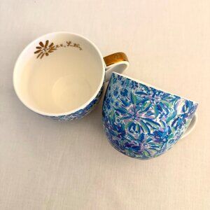 Lilly Pulitzer Ceramic Mugs 12oz Set Of 2 Blue Floral Elegant Gold Handles